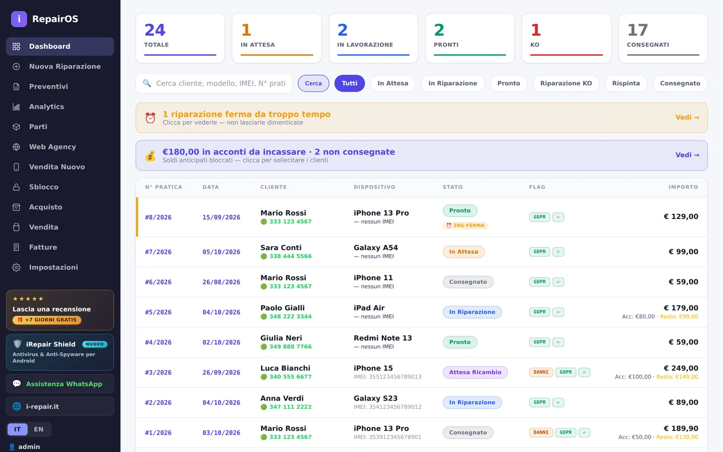 iRepairOS 3.3 — Dashboard: Contatori live per stato, ricerca istantanea per nome, IMEI o pratica, avvisi su riparazioni ferme e acconti da incassare.