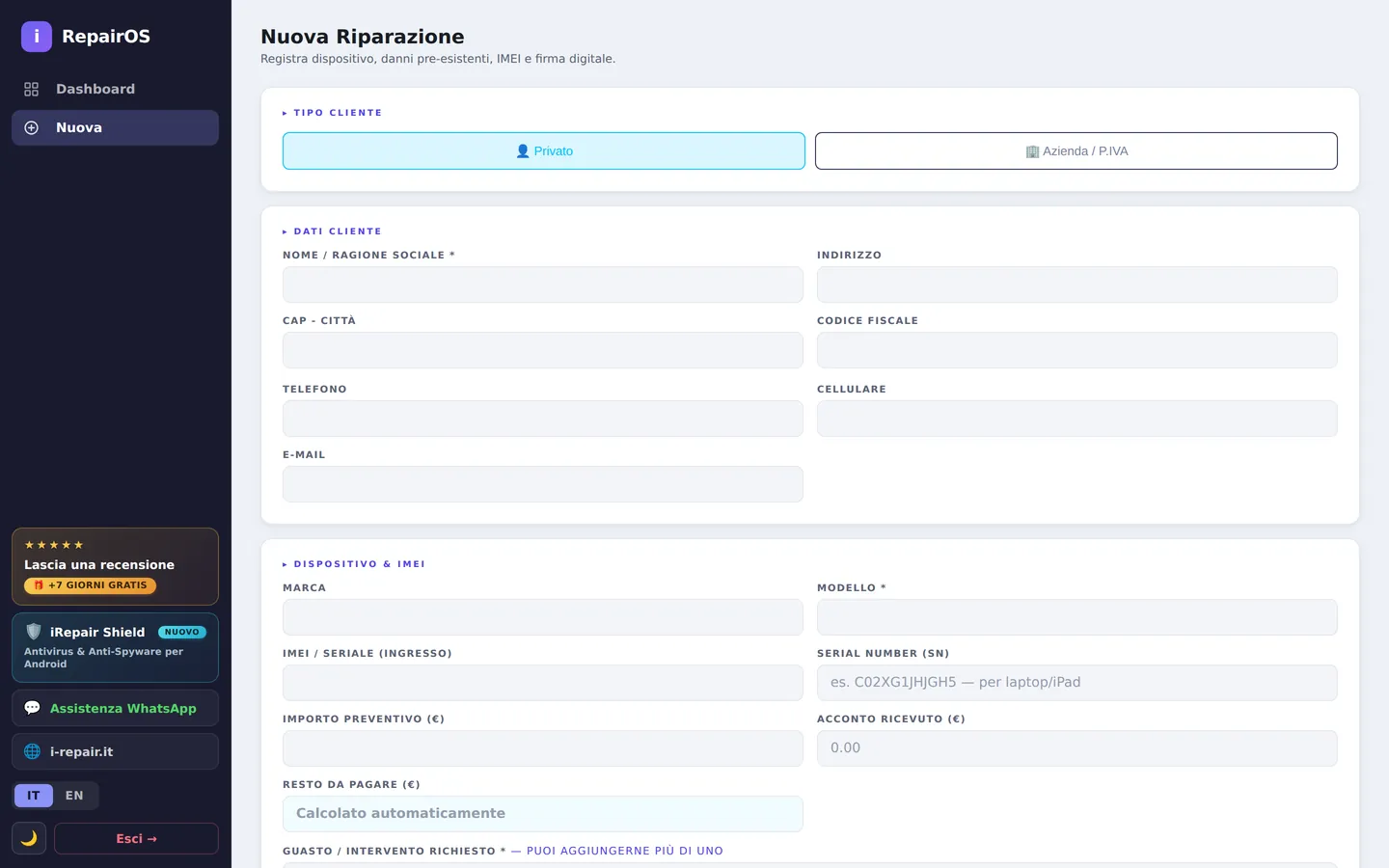 iRepairOS 3.3 — Nuova riparazione: Anagrafica, dispositivo, 104 guasti per categoria, checklist 31 danni pre-esistenti, consenso GDPR e firma OTP.